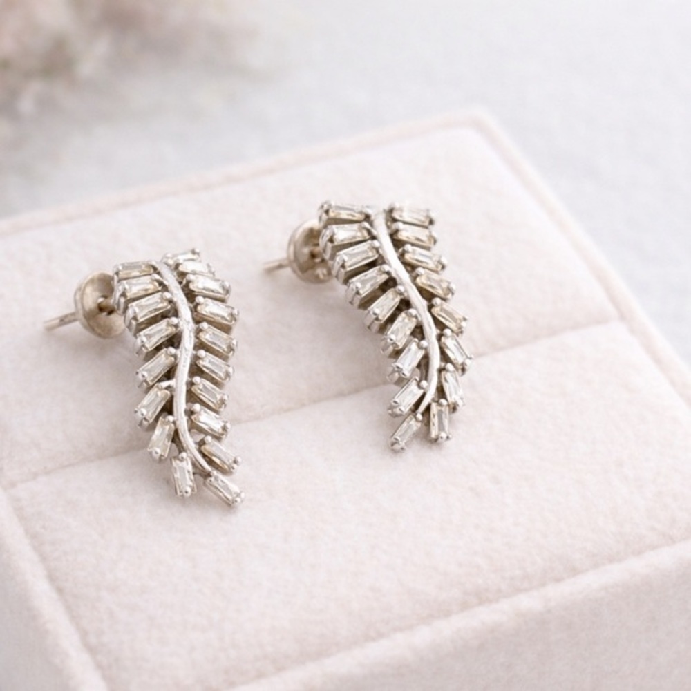 14k Gold Tapered Baguette Diamond Fern Leaf Earrings